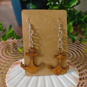 Nautical Coastal Anchor Statement Trendy Earrings Engraved Wooden Earring. Arete